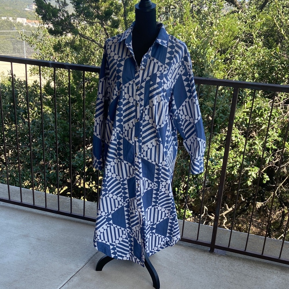 Anthropologie Maeve Blue and White Cotton Patterned Dress Sz L